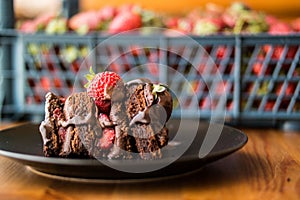 Strawberry cake slice with backround concept.