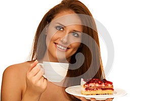Strawberry cake - wman eats sweet dessert isolated