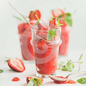 Strawberry and champaigne summer granita in glasses, square crop