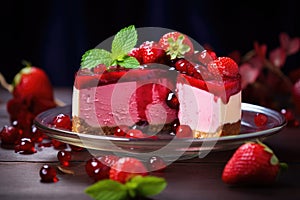 Strawberry cheesecake with fresh berries on a dark wooden background, Unveil the culinary artistry with macro food photography,