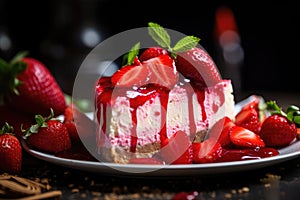 Strawberry cheesecake with fresh strawberries on a black background, Unveil the culinary artistry with macro food photography,