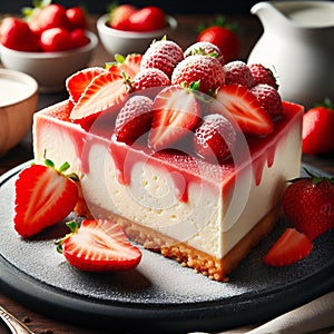 Strawberry cheesecake with fresh strawberries on a black plate.