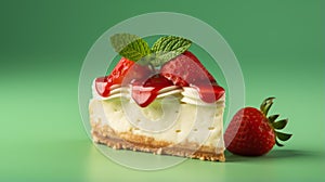 Strawberry Cheesecake On Green Background: Fujifilm Pro 800z Style