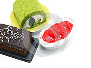 Strawberry cheesecake green tea roll cake and chocolate cake