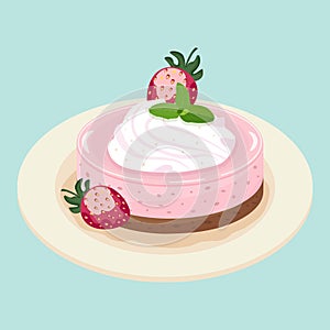 Strawberry cheesecake, sweet fruit dessert with whipped cream on plate, vector.