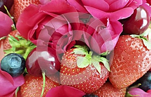 strawberry cherry, blueberry freshness dessert refreshment rose flower background