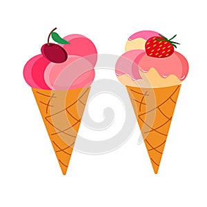 Strawberry and cherry ice cream. Summer set. Vector illustration in flat style.