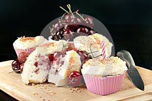 Strawberry Cherry Muffin With A Candle, Horizontal