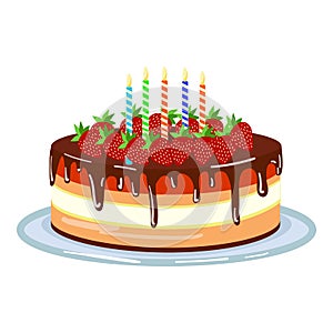 Strawberry chocolate cake icon cartoon . Happy birthday