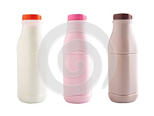 Strawberry, chocolate and fresh milk bottles isolated on white w