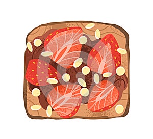 Strawberry and chocolate paste toast. Fruit sandwich with berries and pine nuts on grilled square bread. Sweet snack