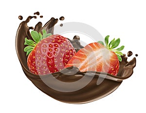 Strawberry and chocolate splash isolated on white background