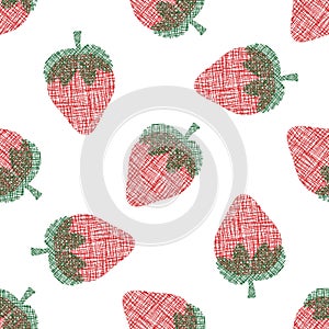 Strawberry cotton cut out seamless vector pattern background. Frayed edges weave stitch effect red berries on white
