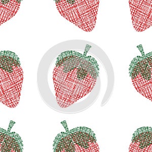 Strawberry cotton cut out seamless vector pattern background. Frayed edges weave stitch effect red berries on white