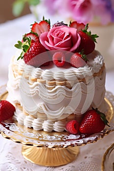 Strawberry Cream Bridal Cake with Floral Decorations photo