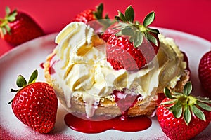 Strawberry with creamy custard, on a red surface