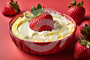 Strawberry with creamy custard, on a red surface