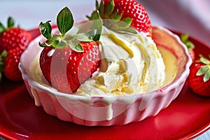 Strawberry with creamy custard, on a red surface