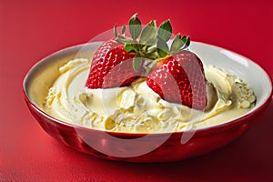 Strawberry with creamy custard, on a red surface