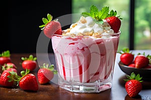 Strawberry with creamy custard, on a red surface