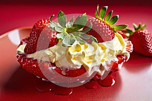 Strawberry with creamy custard, on a wood surface