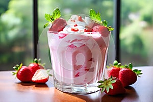 Strawberry with creamy custard, on a wood surface