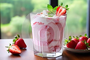 Strawberry with creamy custard, on a wood surface