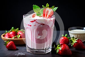 Strawberry with creamy custard, on a wood surface