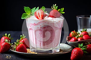 Strawberry with creamy custard, on a wood surface