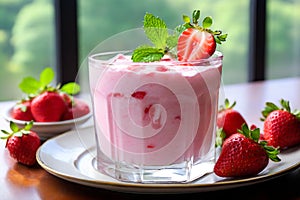 Strawberry with creamy custard, on a wood surface