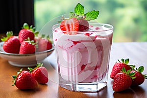 Strawberry with creamy custard, on a wood surface