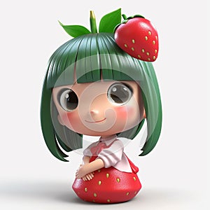 Strawberry cute baby girl in 3d style. Generative AI Digital Illustration