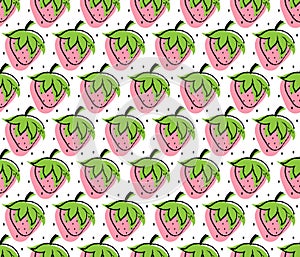 Strawberry cute illustration. Graphic geometrical seamless pattern. Hand drawn cartoon design. White backround