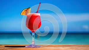 Strawberry Daiquiri cocktail on background with blue sea and sky tropical background. Generative AI