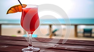 Strawberry Daiquiri cocktail on background with blue sea and sky tropical background. Generative AI