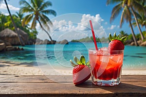 A strawberry daiquiri cocktail drink on a wooden table overlooking a tropical lagoon.