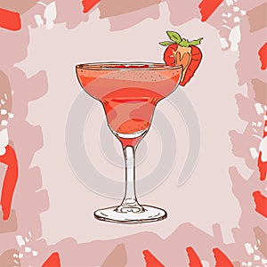 Strawberry daiquiri cocktail illustration. Alcoholic bar drink hand drawn vector. Pop art