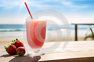 Strawberry Daiquiri cocktail on table at beach