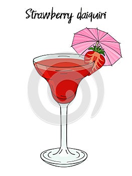 Strawberry daiquiri cocktail, with umbrella, straw. For cafe and restaurant menu, packaging and advertisement. Hand drawn.