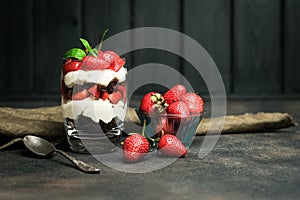 Strawberry dessert. Trifle with fresh strawberries.