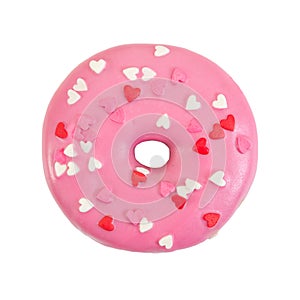 Strawberry donut with pink frosting and decorative hearts