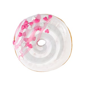 Strawberry donut with white frosting, pink stripes and decorative hearts