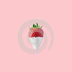Strawberry with dripping white paint on pink background. Minimal food concept