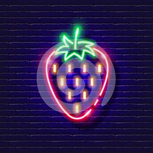 Strawberry erotic neon icon. Sex shop concept. Toys for adults. Gadgets for love. Vector sign for design, website, signboard,