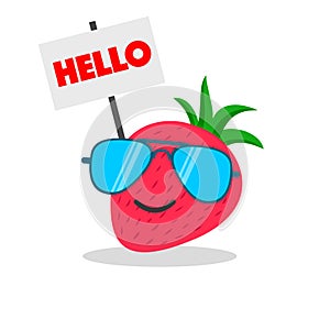 Strawberry face cartoon with emotion sunglasses