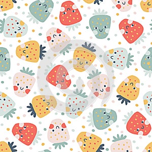 Strawberry faces seamless pattern in pastel palette. Vector naive hand drawn illustration of cute characters on confetti