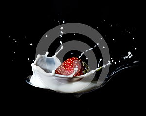 A strawberry falling down onto a spoon and splash into milk or cream - black background