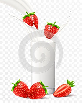 Strawberry falling in a glass of milk or yogurt. Sweet milk splashes. Fruit milkshake advertising banner, yogurt jet, white drink