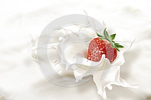 Strawberry falling into a sea of milk, causing a splash.