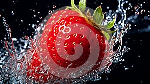 Strawberry falling into water macro image, super detail.